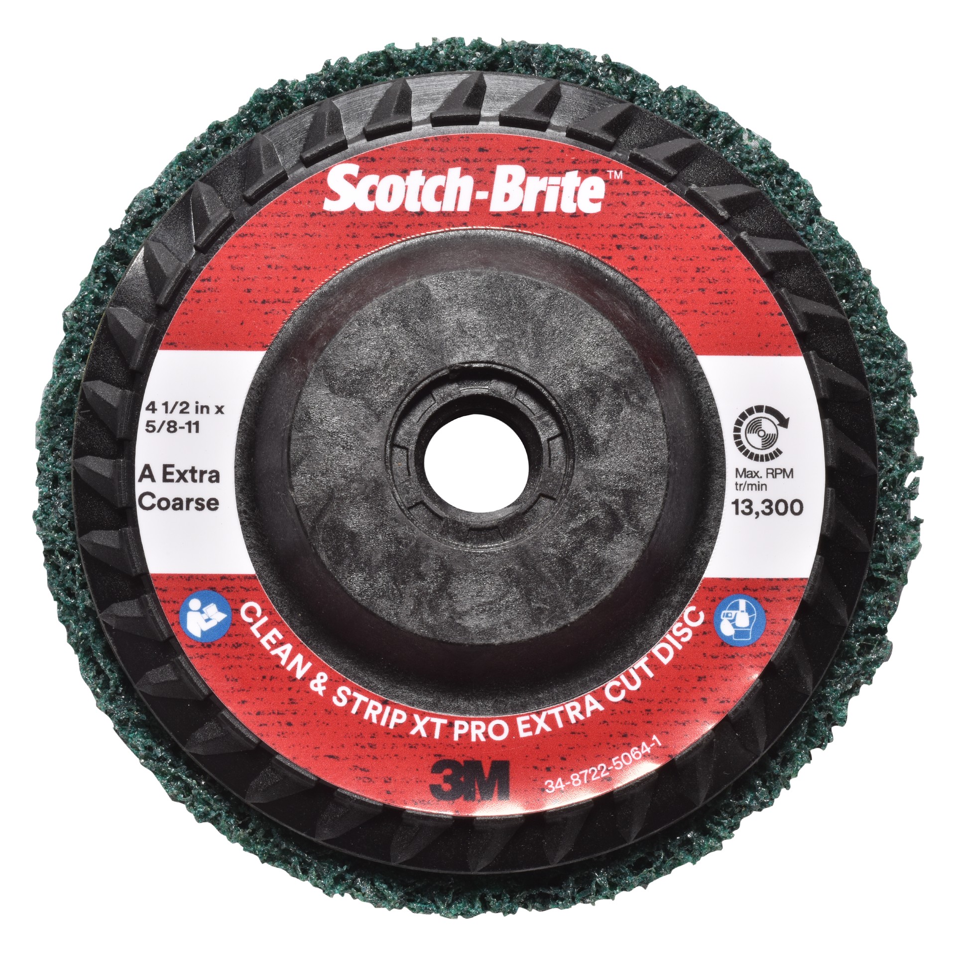 Scotch-Brite™ Clean and Strip XT Pro Extra Cut Disc, XC-DC, A/O Extra Coarse, T27, Green, 114.3 mm x 5/8 in-11, 10 ea/Case