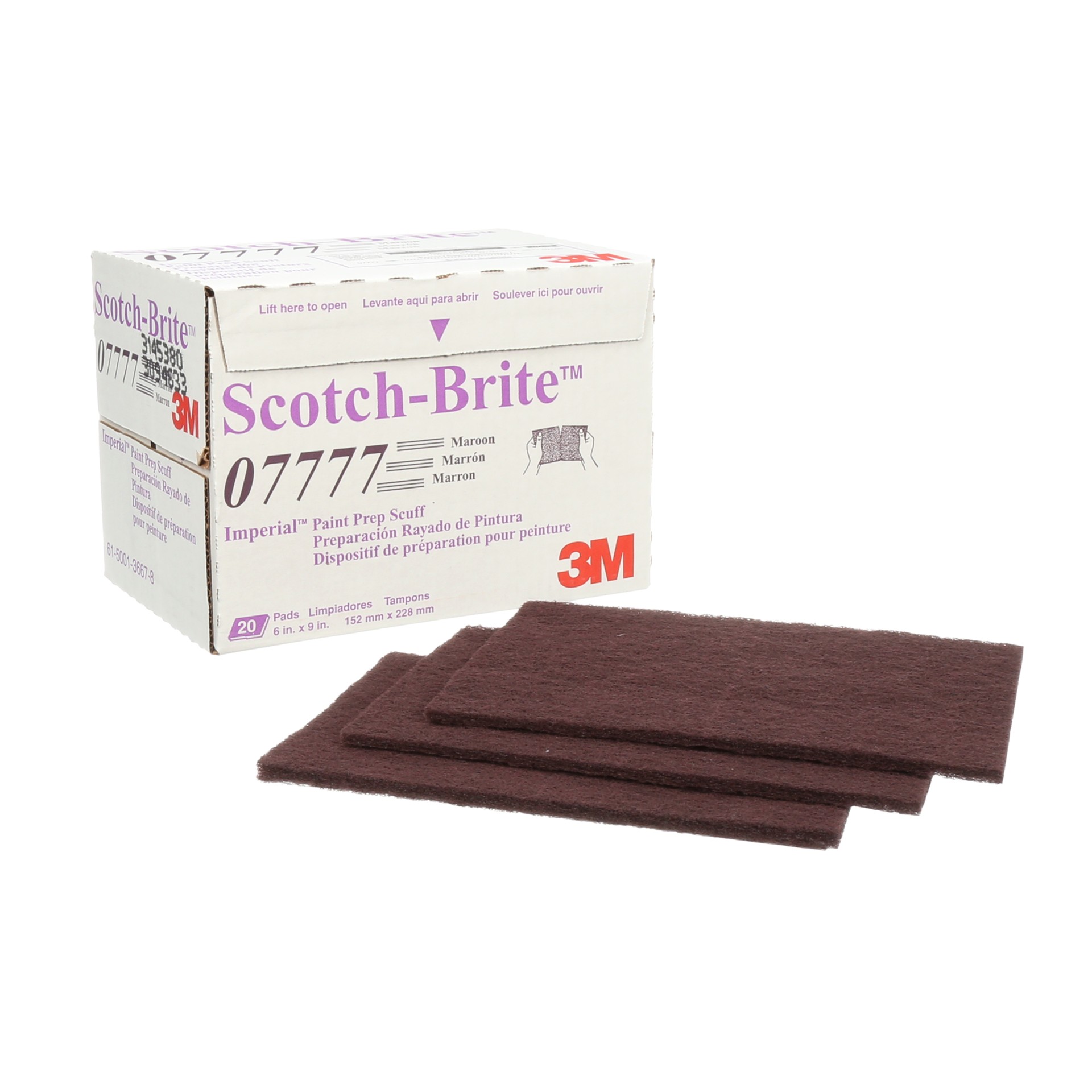 Scotch-Brite™ Paint Prep Scuff Hand Pad, 7777, maroon, 9 in x 6 in (22.86 cm x 15.24 cm), 20 pads per box