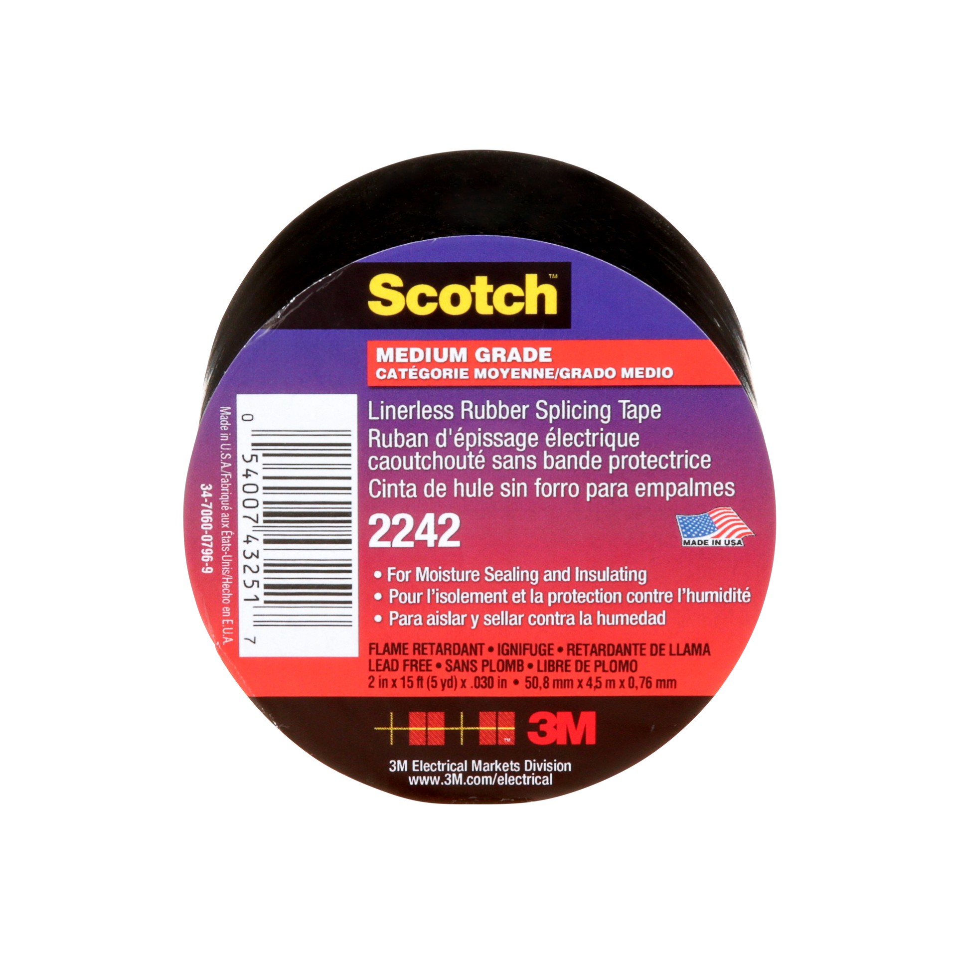 Scotch® Linerless Rubber Splicing Tape 2242, Commercial Grade, 2 in x 15 ft (50.8 mm x 4.6 m), 8 Rolls/Case