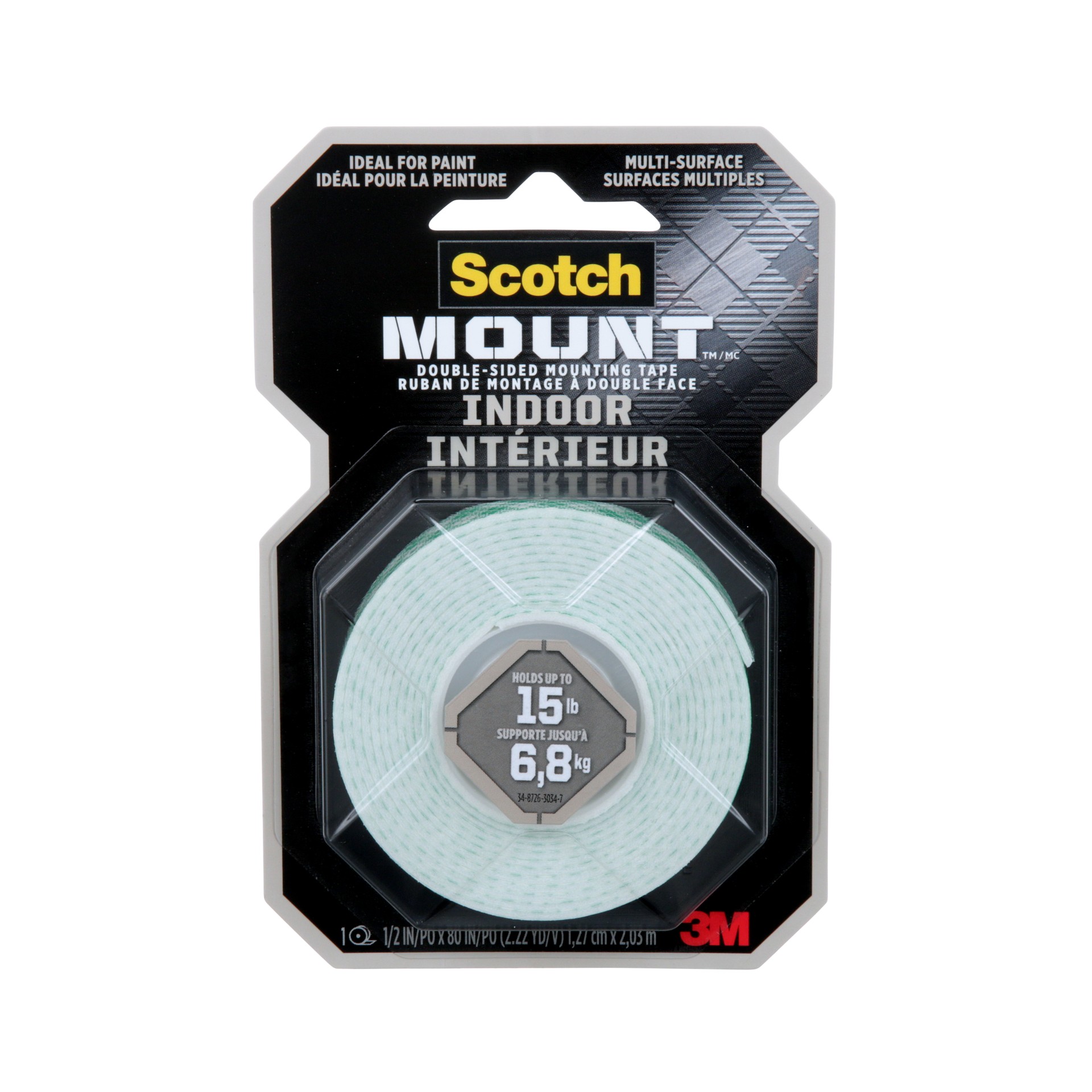Scotch-Mount™ Indoor Double-Sided Mounting Tape 110H-DC-EF, White, 0.5 in x 80 in (1.27 cm x 2 m), 1 Roll/Pack