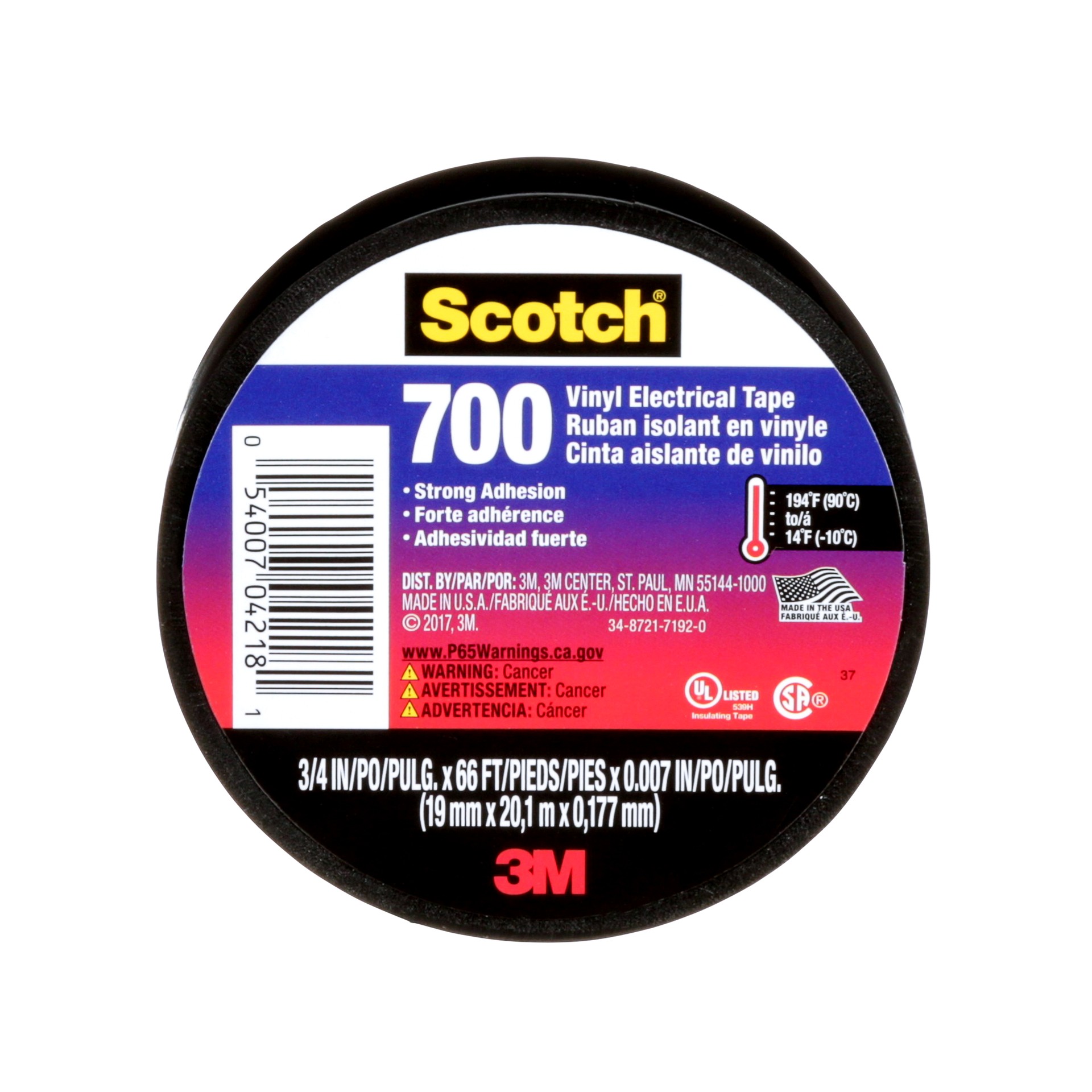 Ruban électrique en vinyle Scotch® 700 4218-BA-40, noir, 0,75 po x 66 pi, 1 rouleau/paquet