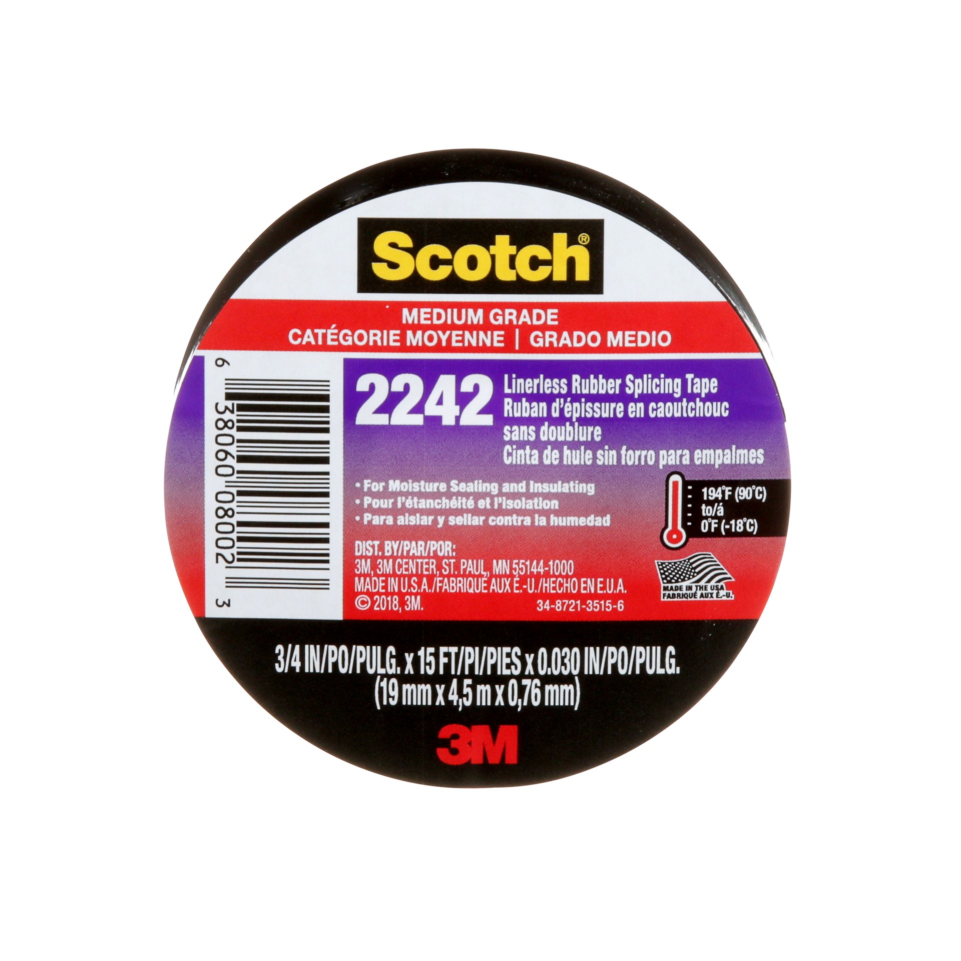 Ruban d'épissage en caoutchouc sans doublure Scotch® 2242 6165-BA-10, noir, 3/4 po x 15 pi x 0,030 po