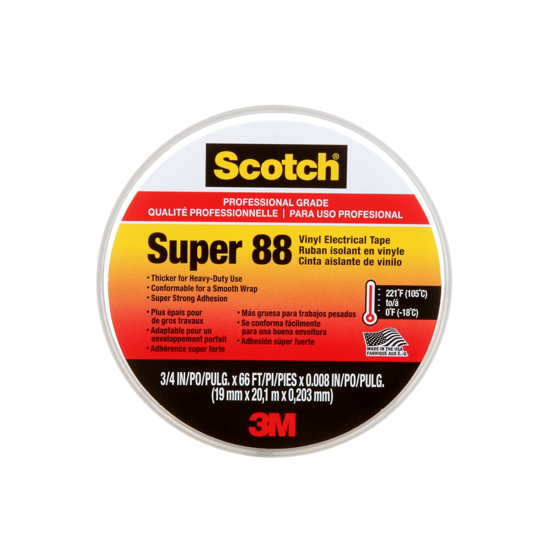 Scotch® Super 88 Vinyl Electrical Tape 6143-BA-10, Professional Grade, Black, 0.75 in x 66 ft, 1 Roll/Pack