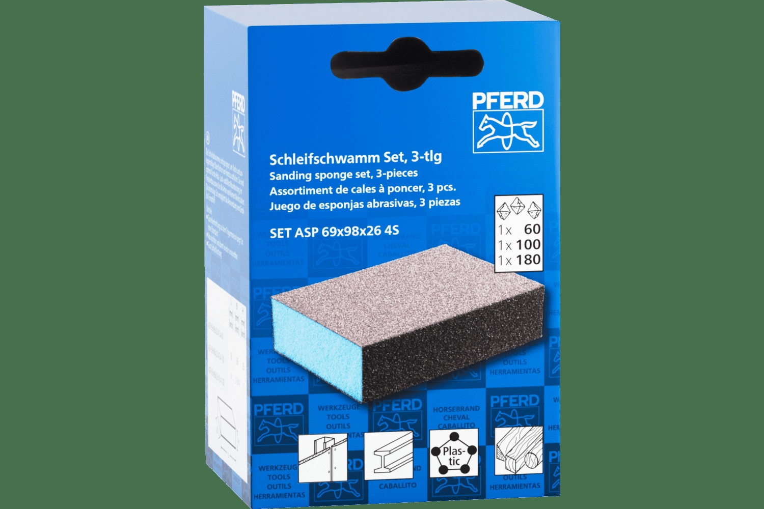 PFERD TOOLS Sanding sponge Set, 4 Abrasif sides,2-3/4" x 4, 60, 80, 180 Grain, AO,3 PK