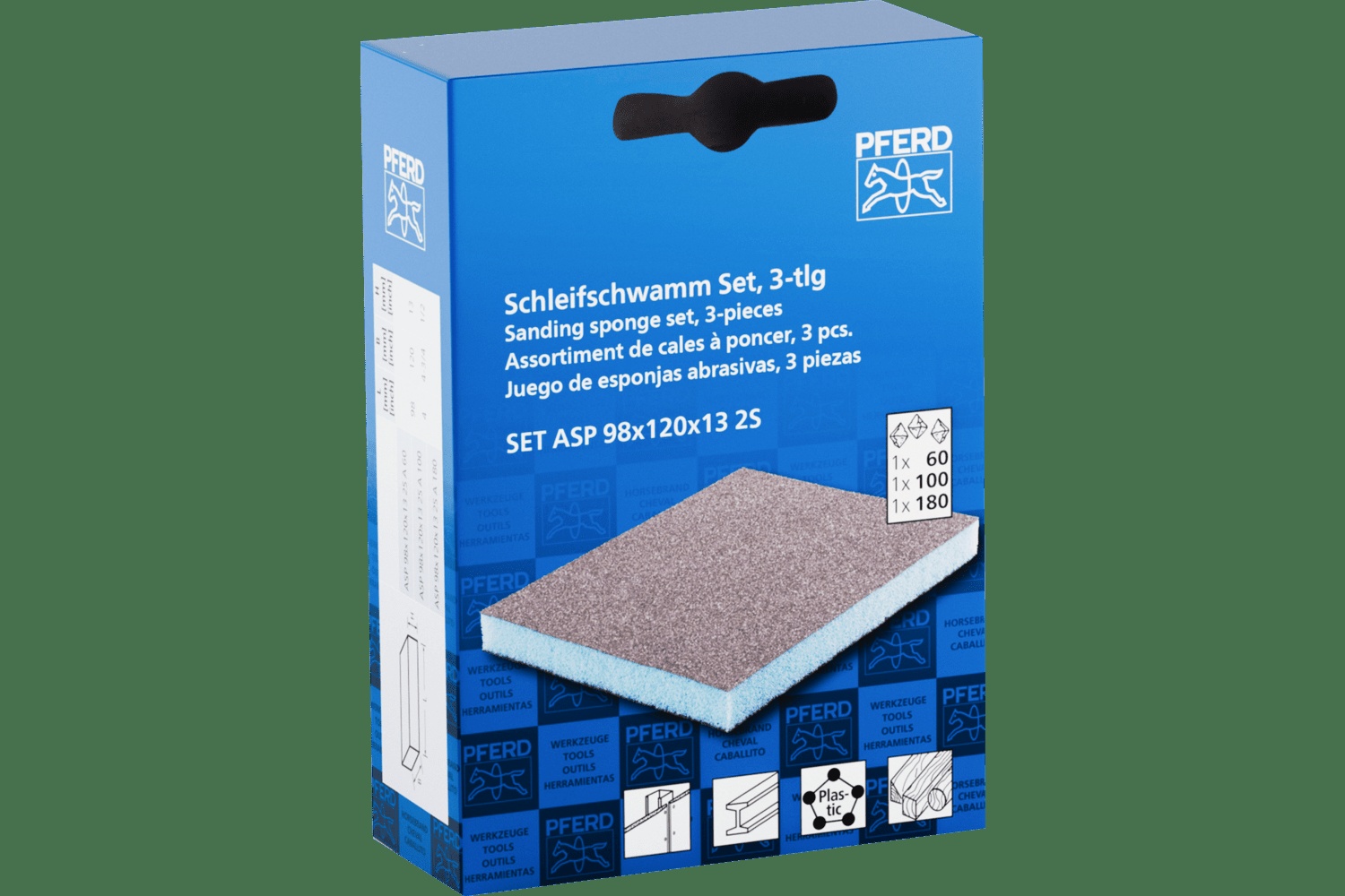 PFERD TOOLS Sanding sponge Set, 4 Abrasif sides,4" x 4-3/4, 60, 80, 180 Grain, AO,3 PK